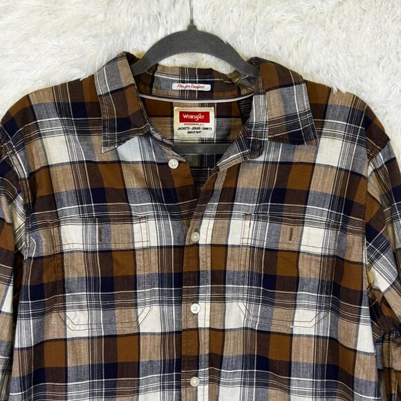Wrangler Flex For Comfort Flannel Shirt Plaid Gold Black Sz L - Picture 2 of 9